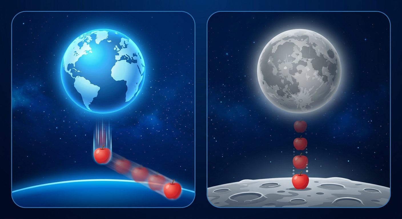Illustration showing a comparison of falling objects and gravity between Earth and the Moon against a starry space background.