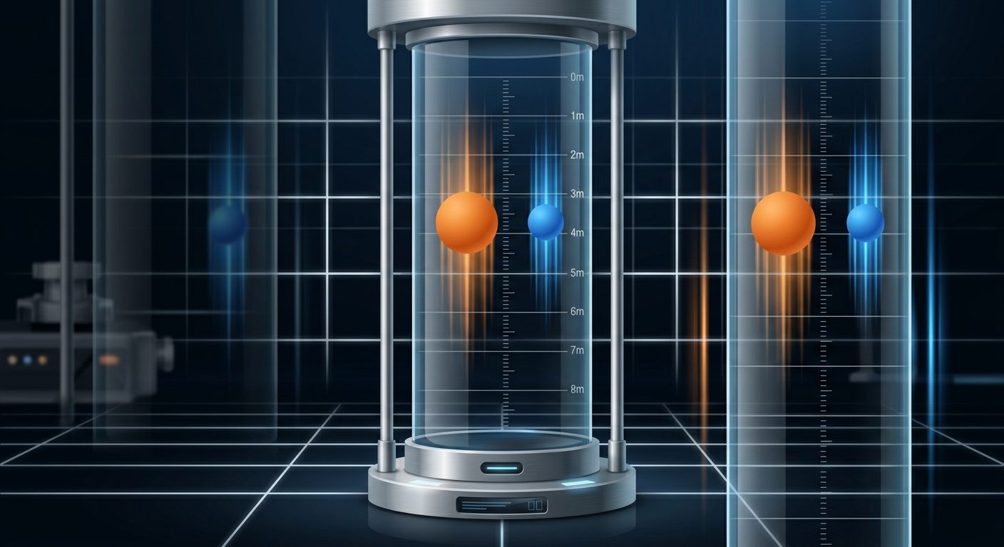 A scientific diagram illustrating free fall showing two objects of different masses dropping in a vacuum chamber alongside velocity vectors.
